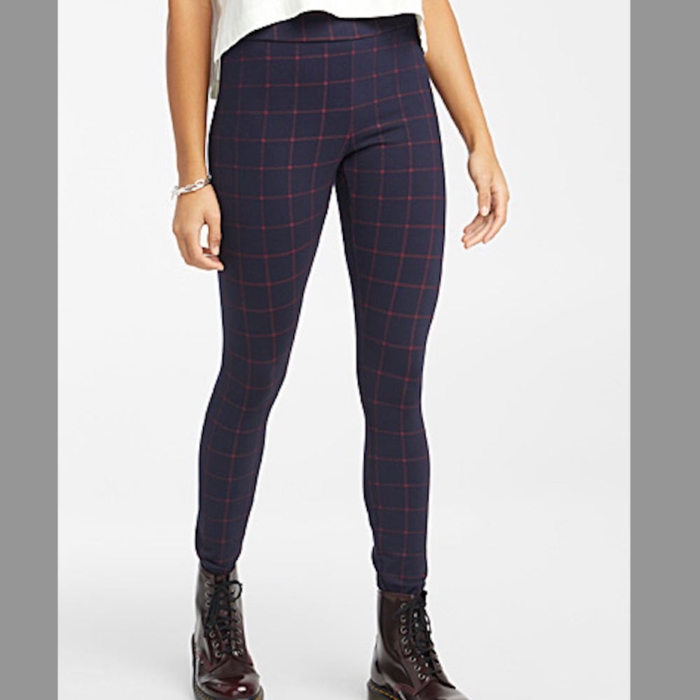 Dark blue and red check plaid high waisted structured jersey leggings NWT